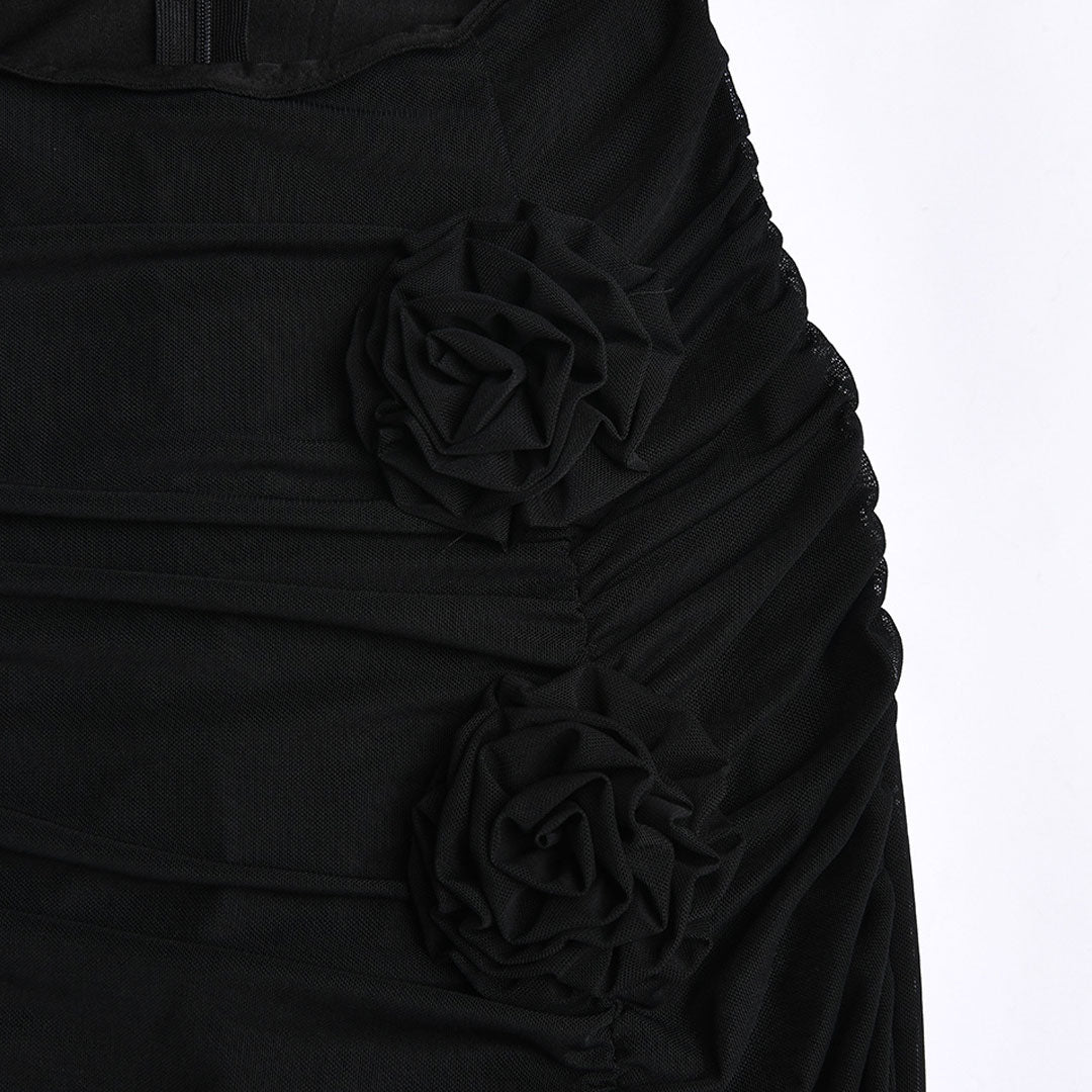 Black Strapless Floral Trim Sheer Mesh Cutout High Slit Maxi Dress