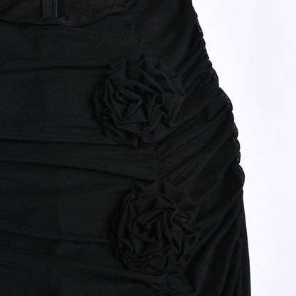 Black Strapless Floral Trim Sheer Mesh Cutout High Slit Maxi Dress