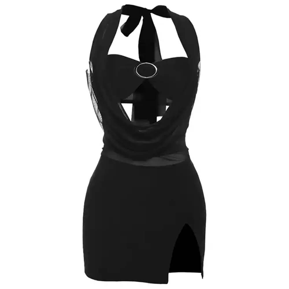 Halter Cowl Drape O-Ring Mesh Side Cutout Front Slit Mini Dress