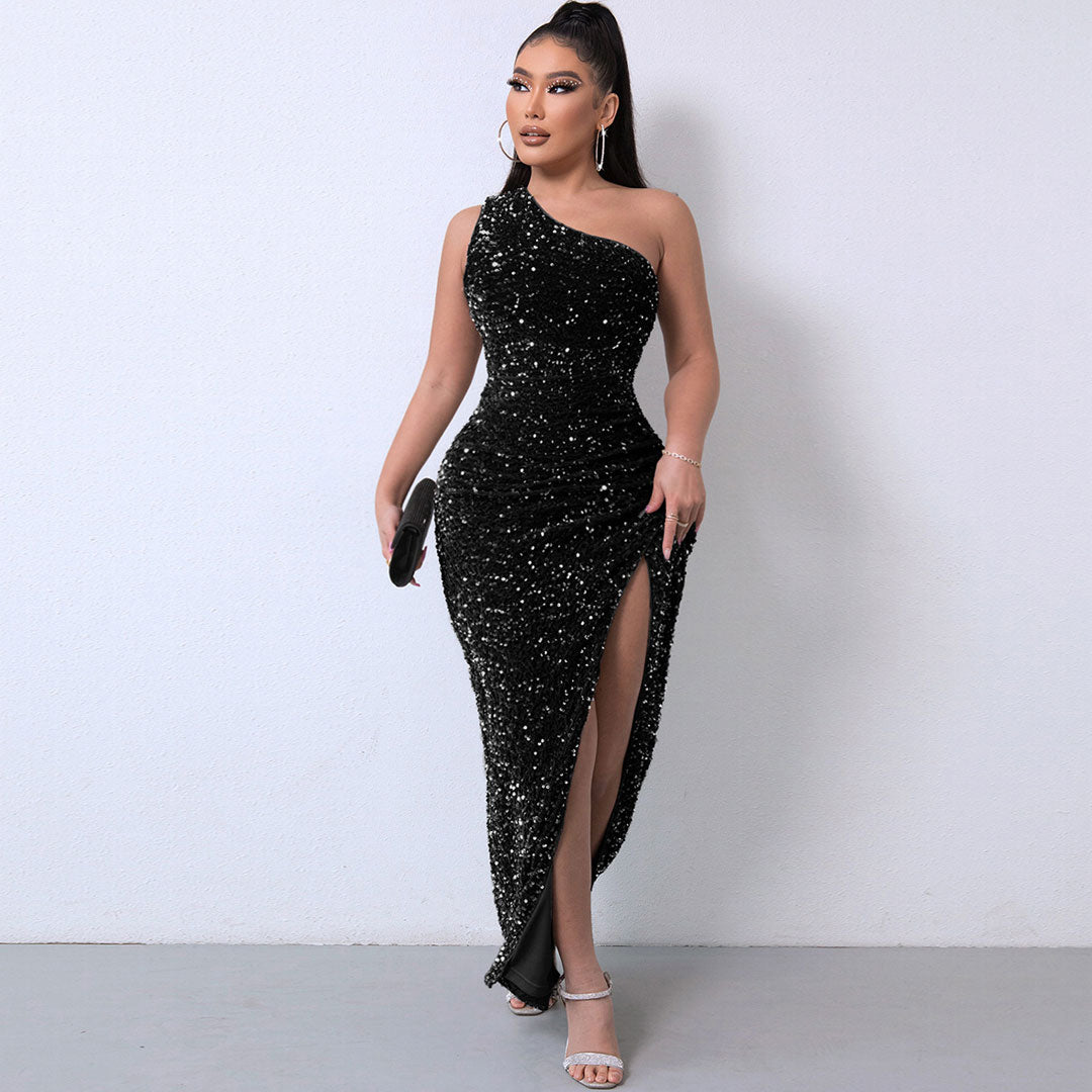 Black One Shoulder Sequin High Slit Gown Maxi Dress