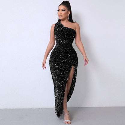 Black One Shoulder Sequin High Slit Gown Maxi Dress