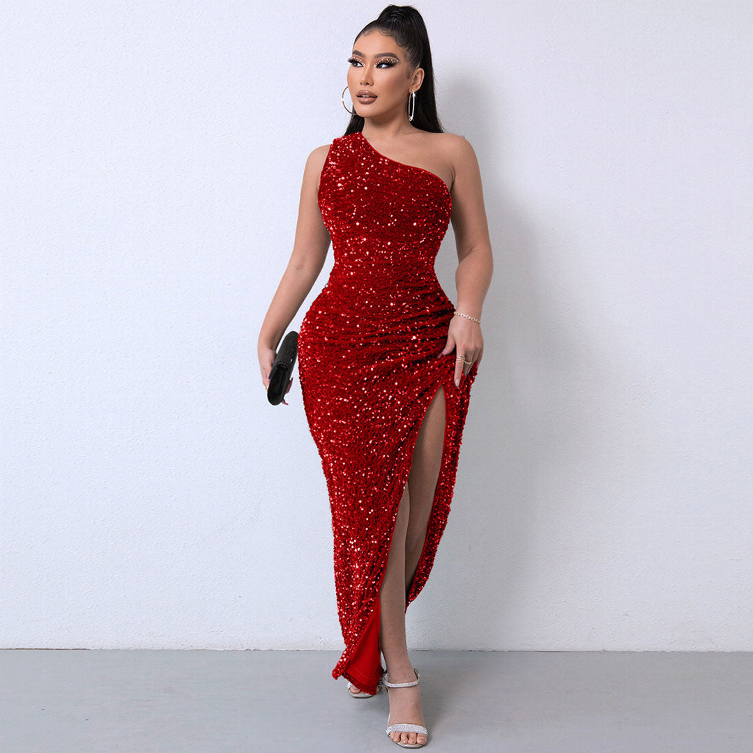 Burgundy One Shoulder Sequin High Slit Gown Maxi Dress