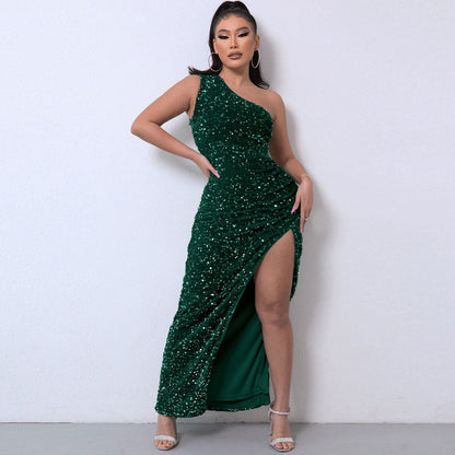Emerald Green One Shoulder Sequin High Slit Gown Maxi Dress