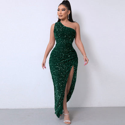 Emerald Green One Shoulder Sequin High Slit Gown Maxi Dress