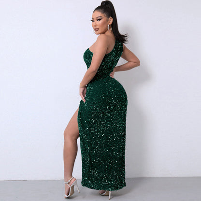 Emerald Green One Shoulder Sequin High Slit Gown Maxi Dress