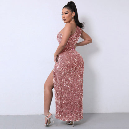 Pink One Shoulder Sequin High Slit Gown Maxi Dress