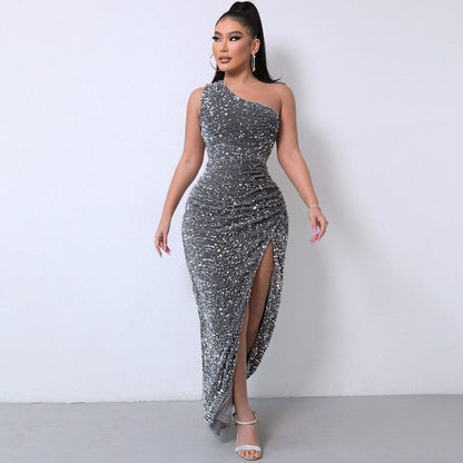 Dark Gray One Shoulder Sequin High Slit Gown Maxi Dress