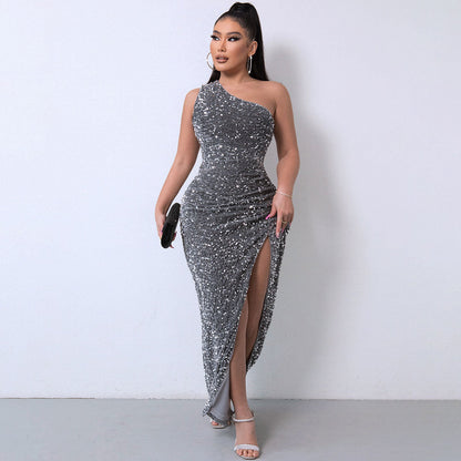 Dark Gray One Shoulder Sequin High Slit Gown Maxi Dress
