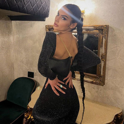 Black Shoulder Pad Long Sleeve Open Back Bodycon Midi Dress