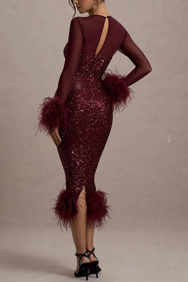 Glamor and Drama Mesh Sequin Patchwork Feather Trim Stretch Midi Dress