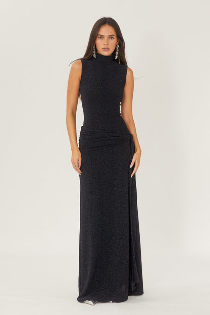 Mock Neck Sleeveless Metallic Lurex Draped Sash Tie Maxi Gown