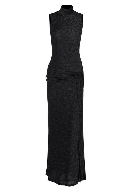 Mock Neck Sleeveless Metallic Lurex Draped Sash Tie Maxi Gown