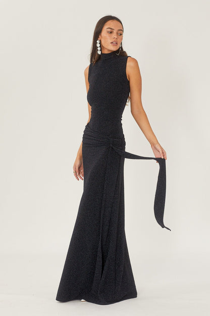 Mock Neck Sleeveless Metallic Knit Side Tie Ruched Maxi Dress