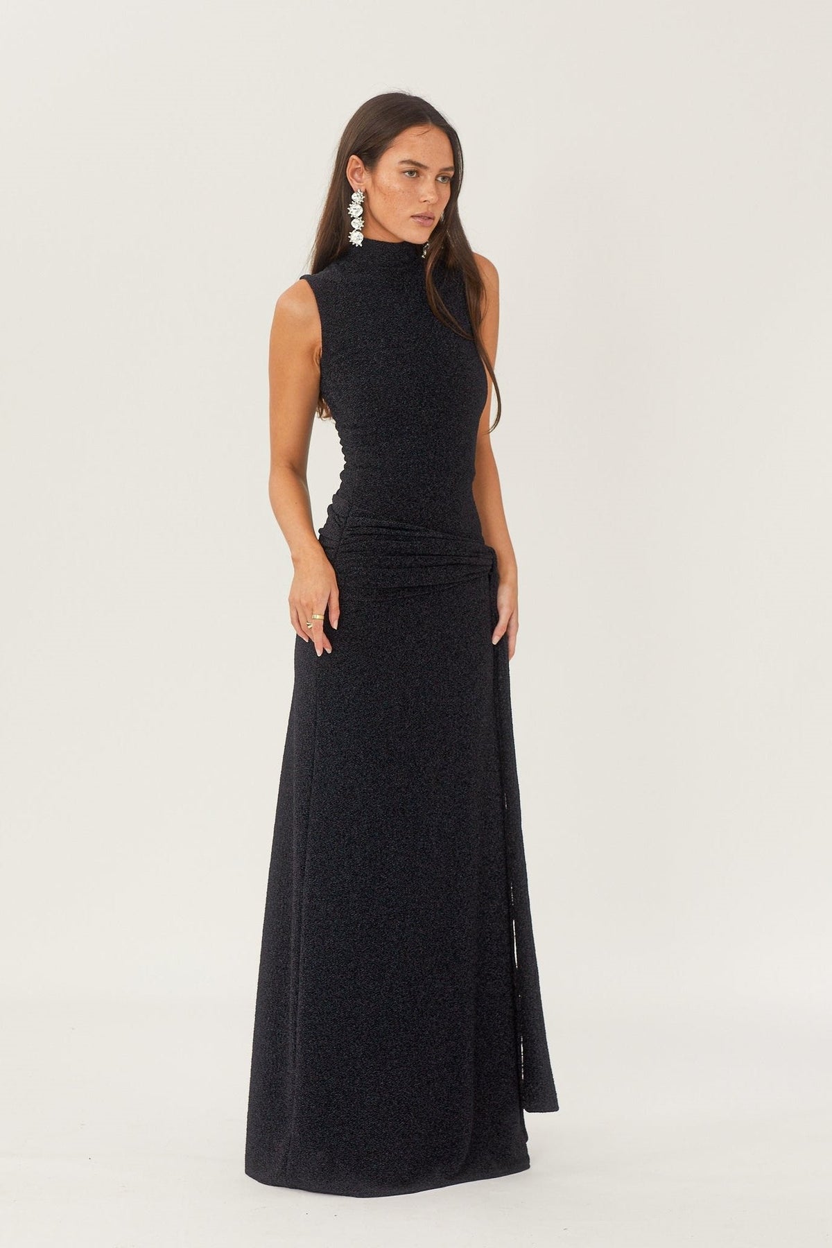 Mock Neck Sleeveless Metallic Knit Side Tie Ruched Maxi Dress