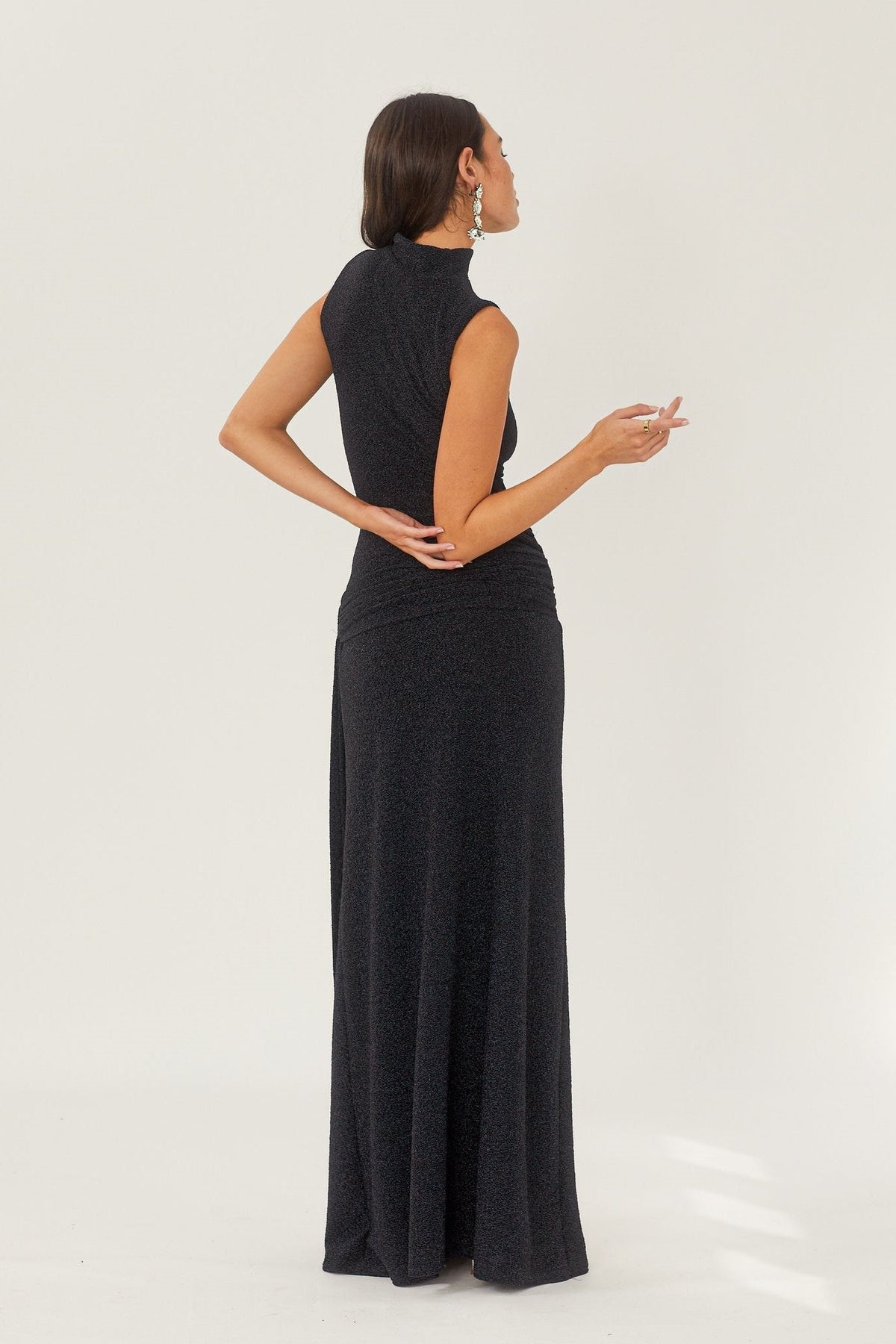 Mock Neck Sleeveless Metallic Lurex Draped Sash Tie Maxi Gown