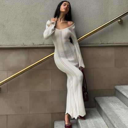 Scoop Neck Pointelle Chevron Knit Bell Sleeve Maxi Dress