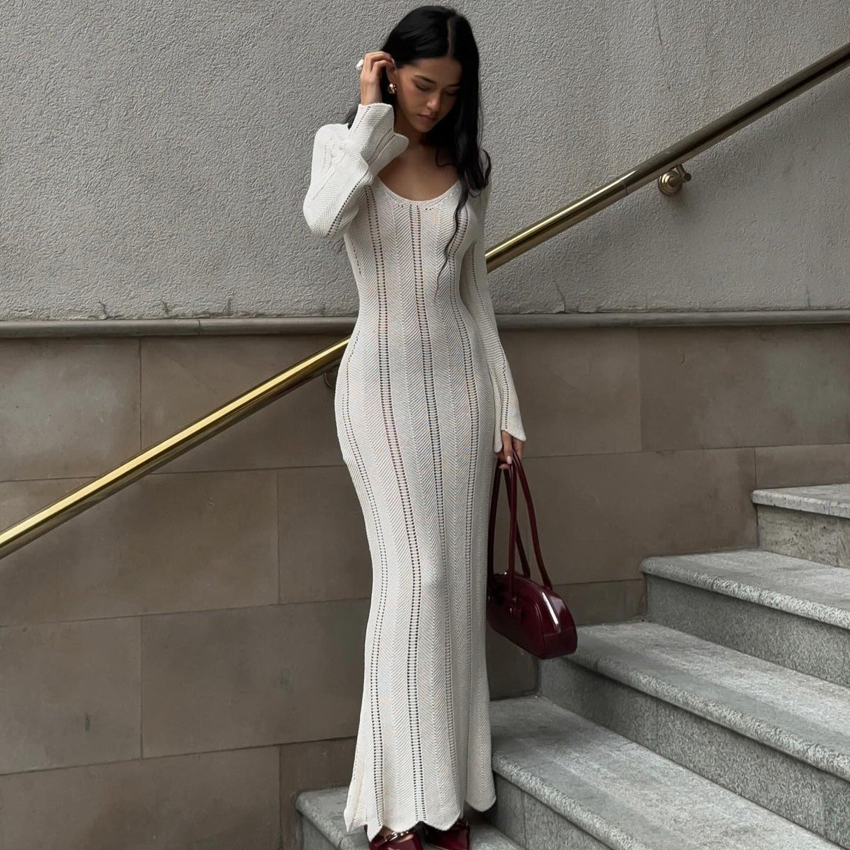 Scoop Neck Pointelle Chevron Knit Bell Sleeve Maxi Dress