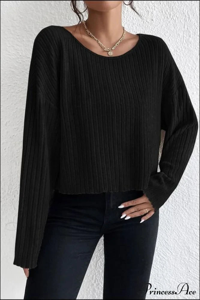 Shoulder Round Ribbed Neck Arm Long Drop Shirt