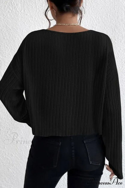 Shoulder Round Ribbed Neck Arm Long Drop Shirt