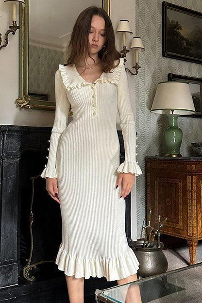Peter Pan Collar Pearl Button Rib Knit Ruffle Hem Midi Dress
