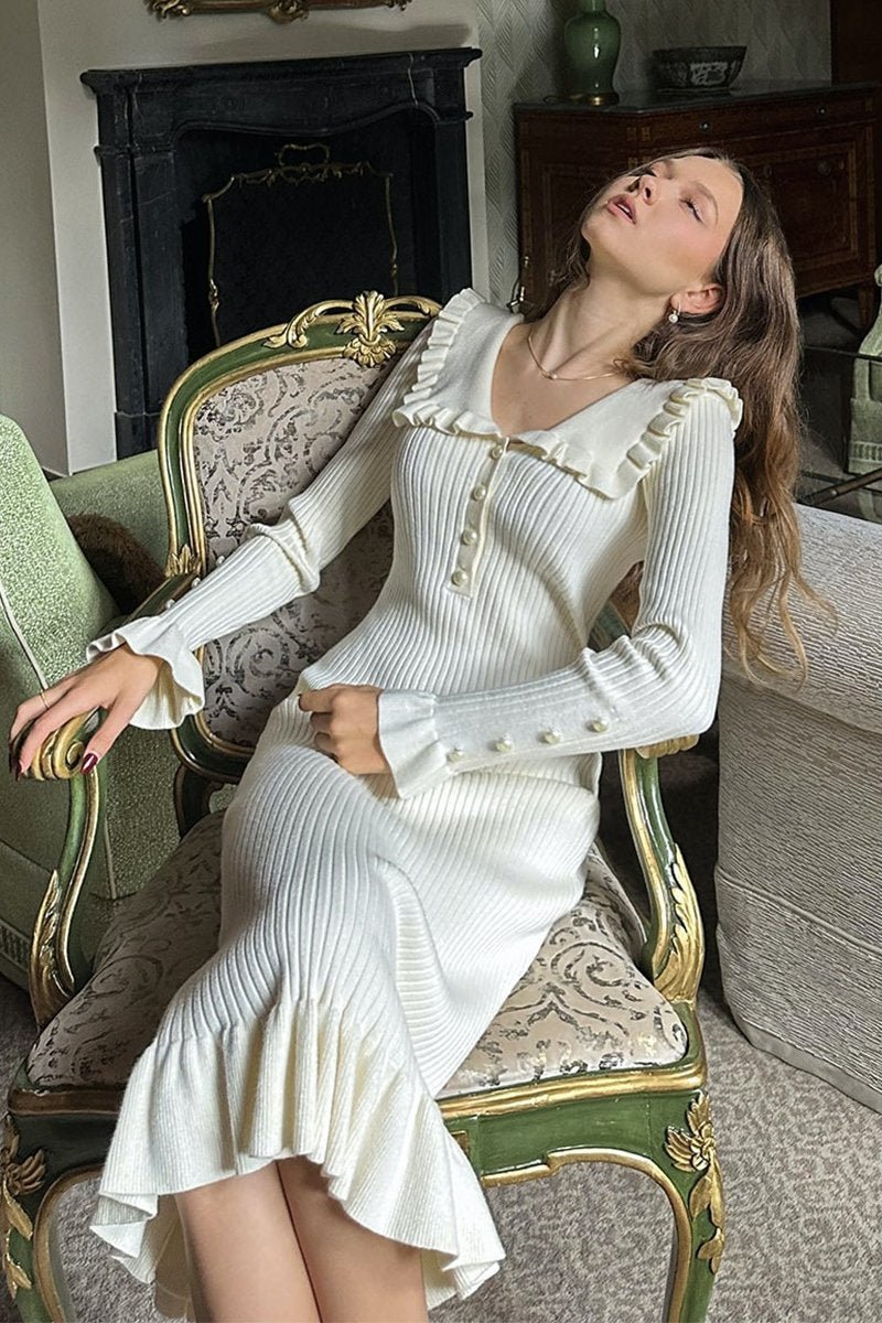 Peter Pan Collar Pearl Button Rib Knit Ruffle Hem Midi Dress