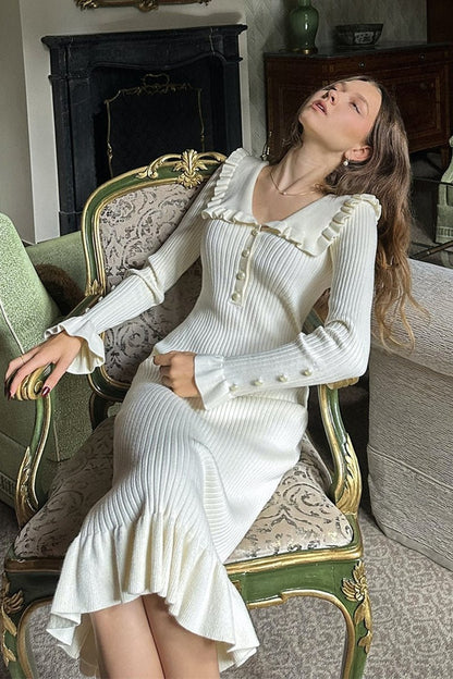 Peter Pan Collar Pearl Button Rib Knit Ruffle Hem Midi Dress