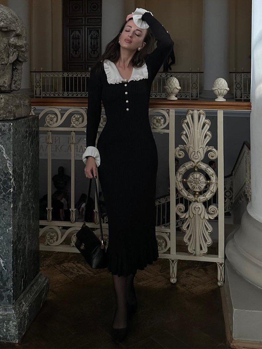 Peter Pan Collar Pearl Button Rib Knit Ruffle Hem Midi Dress