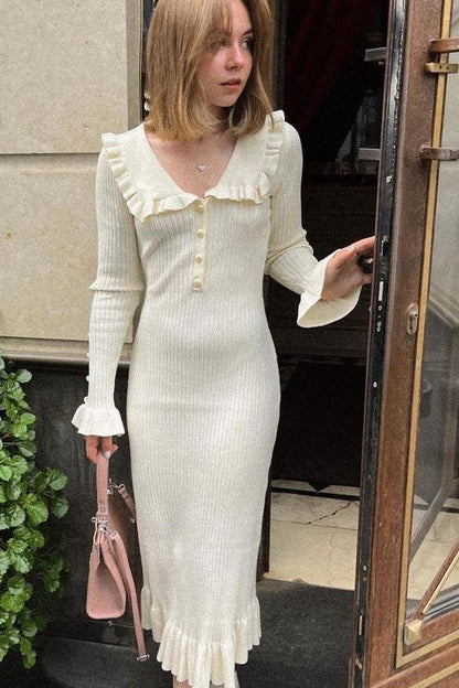Peter Pan Collar Pearl Button Rib Knit Ruffle Hem Midi Dress