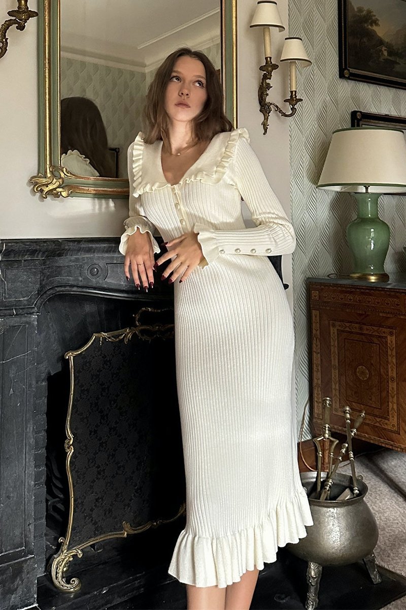 Peter Pan Collar Pearl Button Rib Knit Ruffle Hem Midi Dress