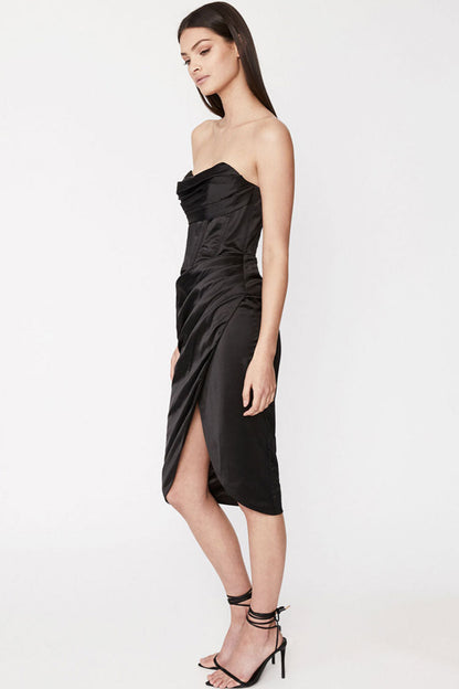 Strapless Satin Corset Ruched Draped Side Slit Midi Dress