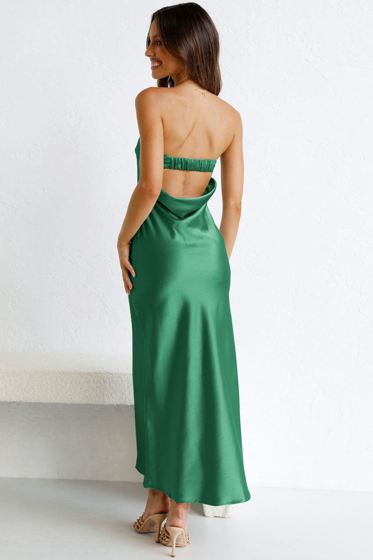 Strapless Fold-Over Cuff Satin Column Cocktail Midi Dress