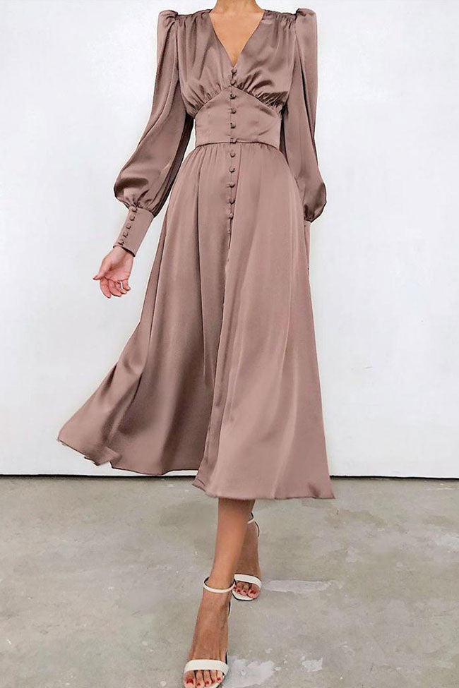 Satin V Neck Bishop Sleeve Button Placket Flared Shirt Midi Dress