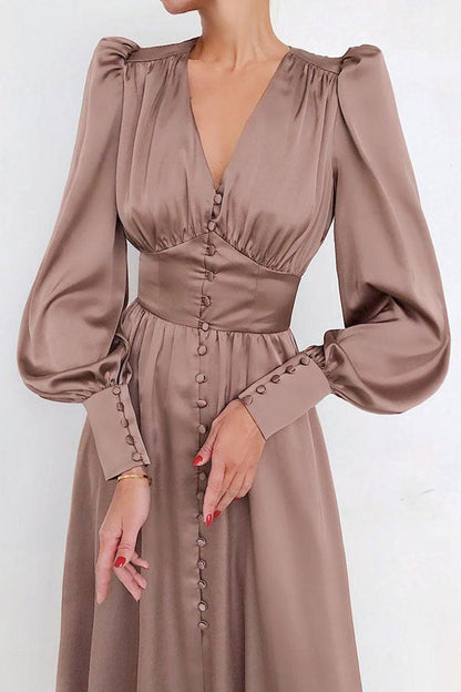 Satin V Neck Bishop Sleeve Button Placket Flared Shirt Midi Dress