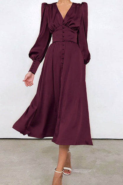 Satin Deep V Bishop Sleeve Cuff Button Front A Line Midi Dress