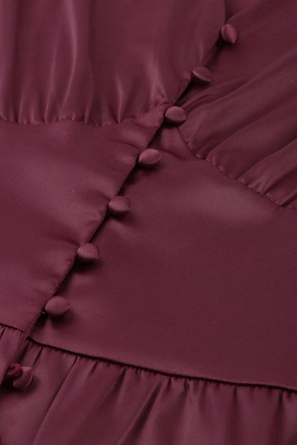 Satin Deep V Bishop Sleeve Cuff Button Front A Line Midi Dress