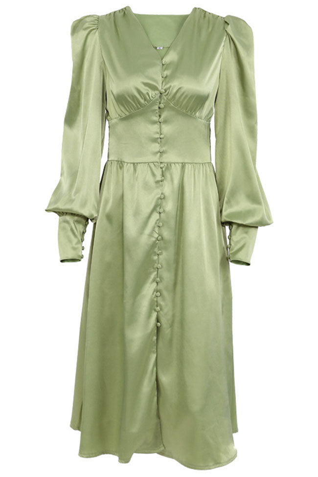 Satin V Neck Puff Bishop Sleeve Button Front Midi Dress