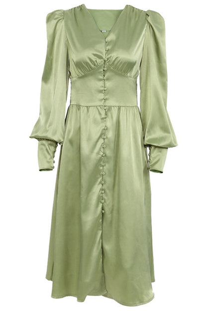 Satin V Neck Puff Bishop Sleeve Button Front Midi Dress