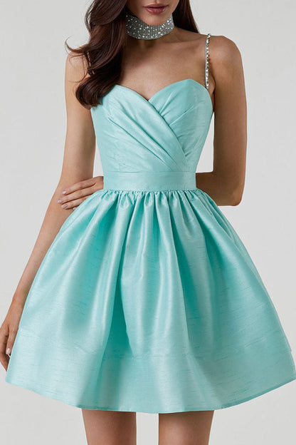 Sweetheart Pleated Bodice Rhinestone Spaghetti Strap Skater Mini Dress