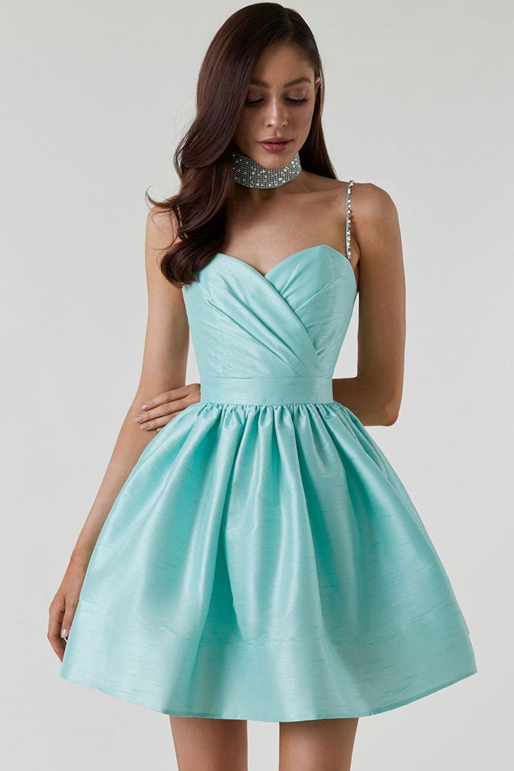 Sweetheart Pleated Bodice Rhinestone Spaghetti Strap Skater Mini Dress