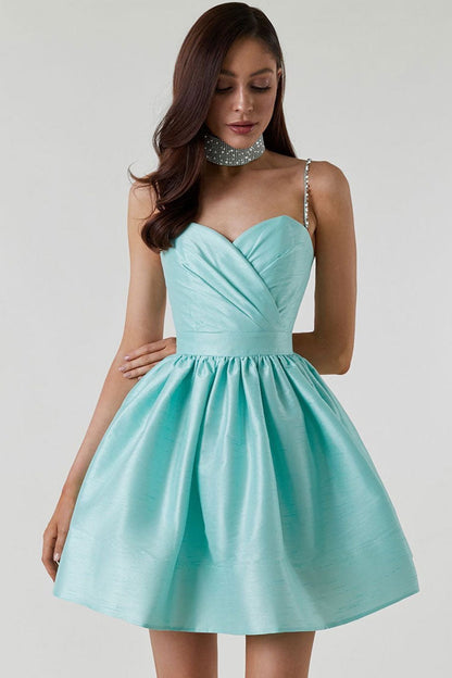 Sweetheart Pleated Bodice Rhinestone Spaghetti Strap Skater Mini Dress