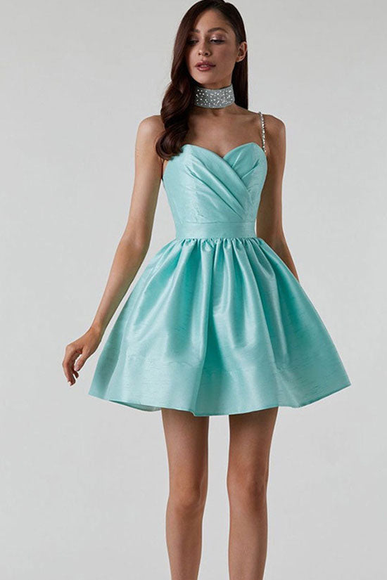 Sweetheart Pleated Bodice Rhinestone Spaghetti Strap Skater Mini Dress