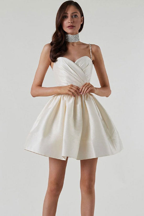 Sweetheart Rhinestone Strap Pleated Wrap Bodice Skater Mini Dress