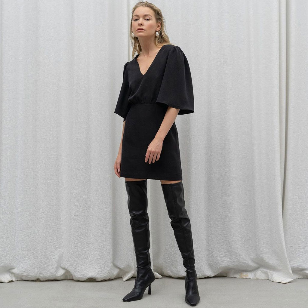 Black V Neck Puff Sleeve Bodycon Mini Dress