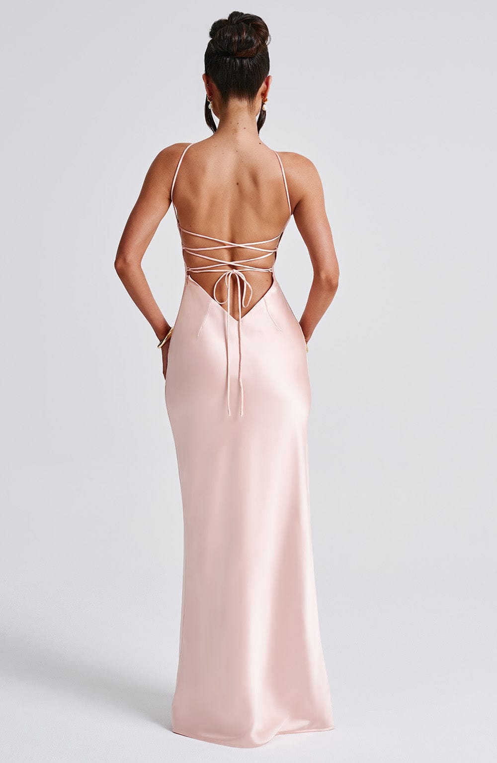 Spaghetti Strap Lace Up Open Back Satin Column Maxi Gown