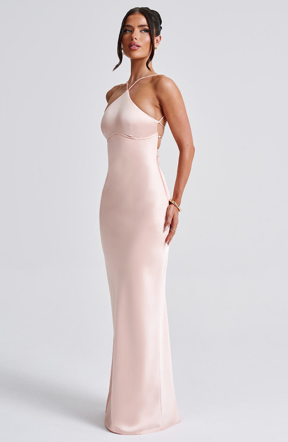 Spaghetti Strap Lace Up Open Back Satin Column Maxi Gown