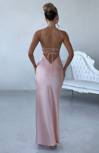 Spaghetti Strap Lace Up Open Back Satin Column Maxi Gown