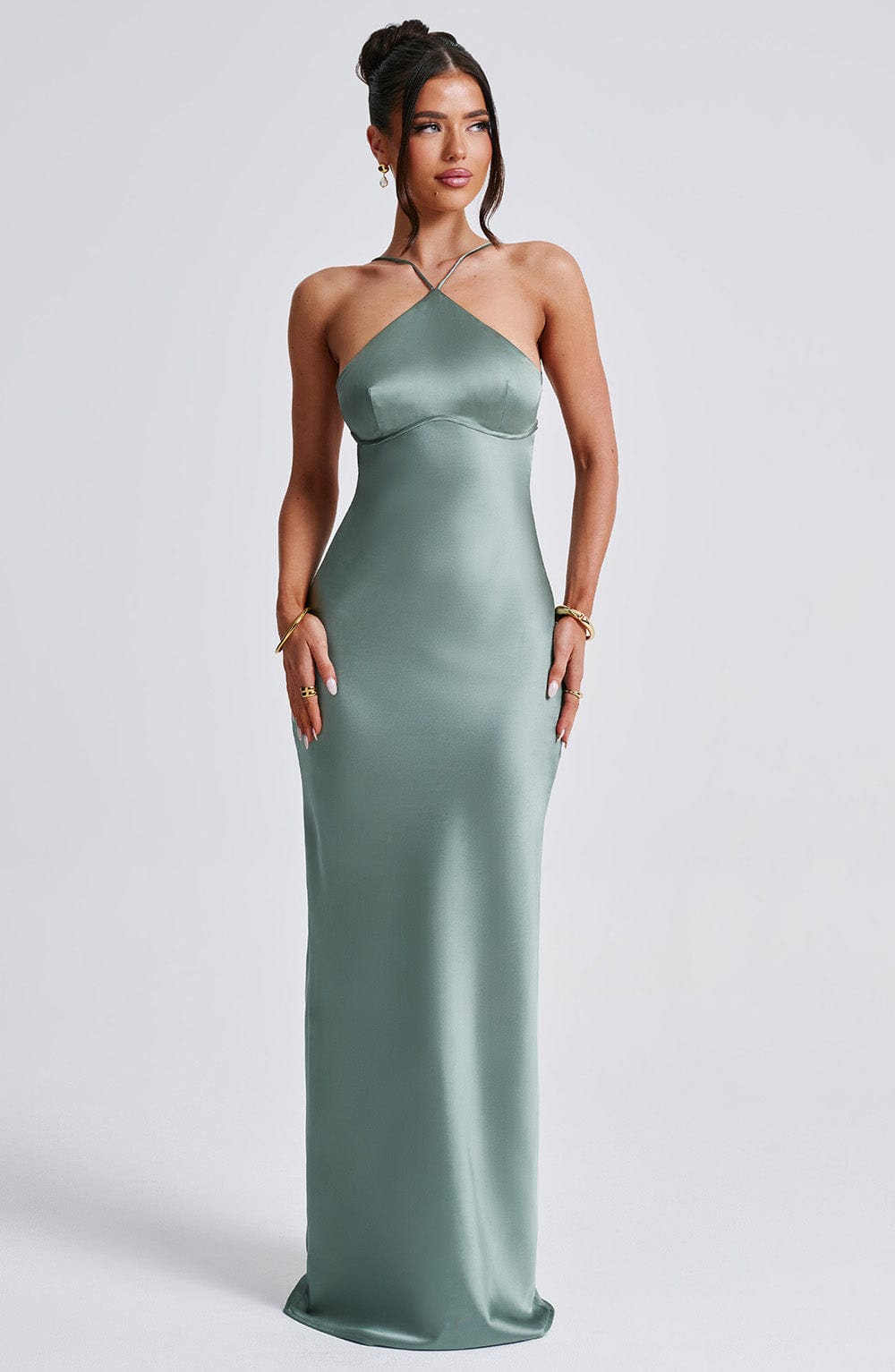 Spaghetti Strap Lace Up Open Back Satin Bias Column Maxi Dress