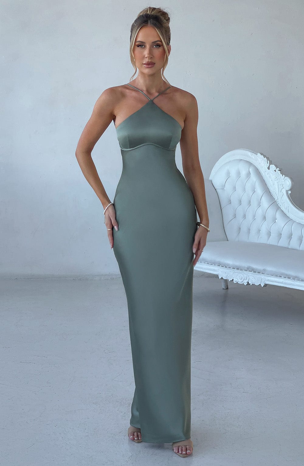 Spaghetti Strap Lace Up Open Back Satin Bias Column Maxi Dress