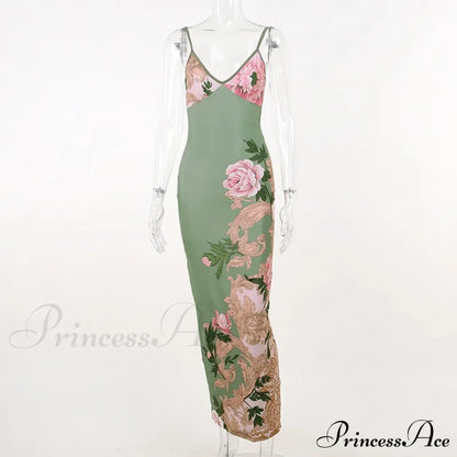 Sleeveless Print Fashion Vneck SlimLong Summer Beach Party Club Robe Floral Dress