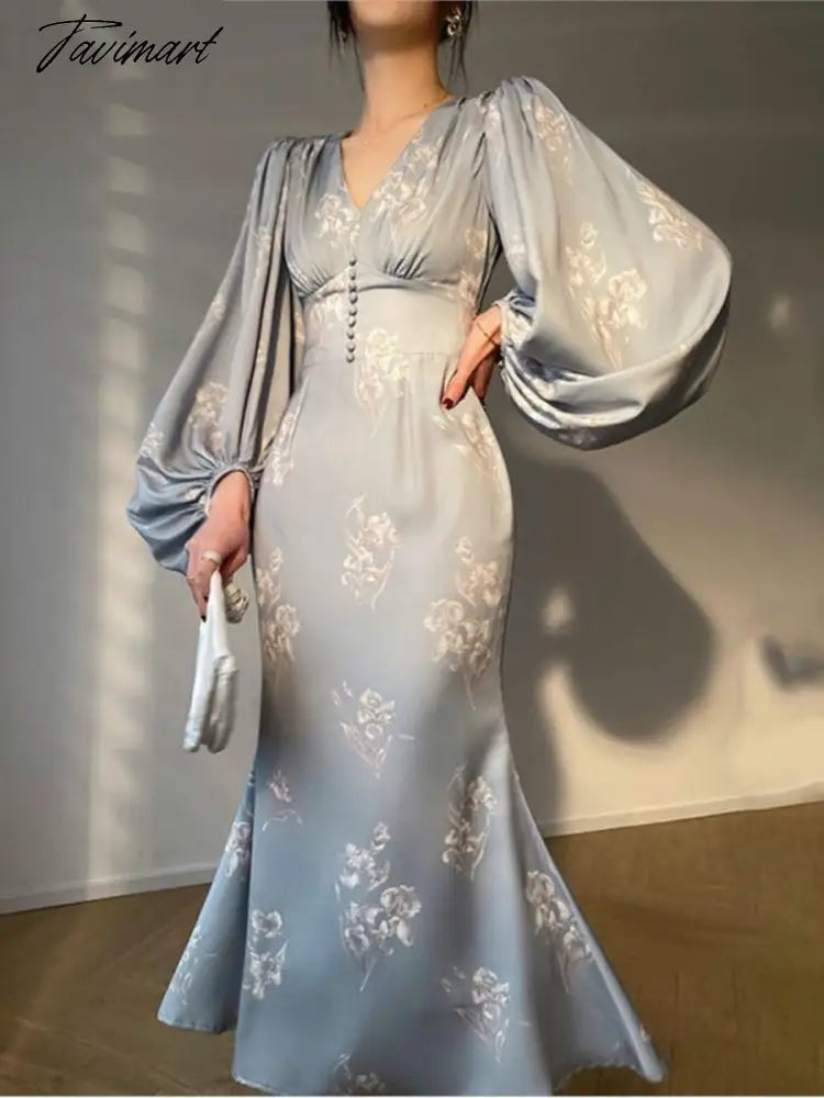 Slim Midi Dress Women Summer Fashion New Printing Elegant Evening Party Mermaid Dresses Long Sleeve V-neck Fmeale Clothing